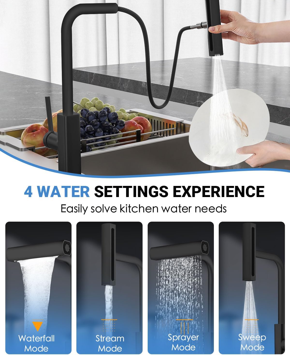 Black Kitchen Faucet with Pull Down Sprayer, Waterfall Pull Out Kitchen Faucet with Temperature(Batteries-Free), 4 Mode Faucet & 360 Swivel Spout, Single Handle Faucet for 1 Hole Sink